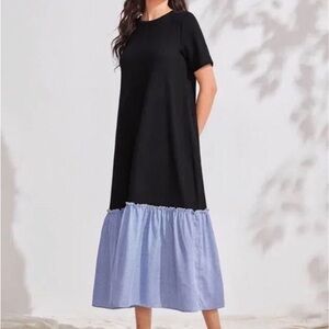 Black Midi Dress with Blue Ruffle Hem